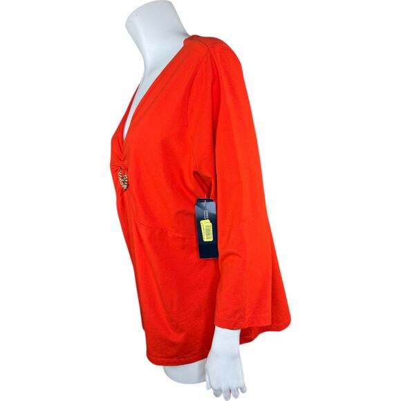 Jones New York Orange Womens 1X Stretch 3/4 Sleeve Blouse Chain Detail V-Neck - Picture 5 of 12
